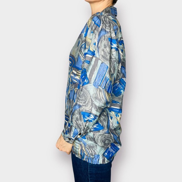 90s S.I.N.Y. Blue Aqua Gray Abstract Print Silk Shirt - Picture 8 of 9